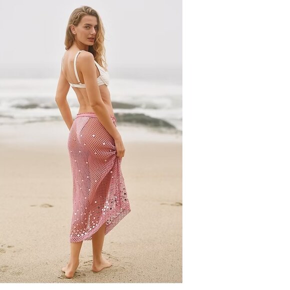 Anthropologie Celandine Sheer Mesh Sequin Drawstring Mermaid Midi Skirt size M - Picture 2 of 7